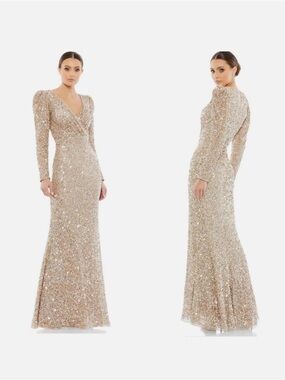 Mac Duggal Gold Sequin Long Sleeve V-Neck Maxi Gown